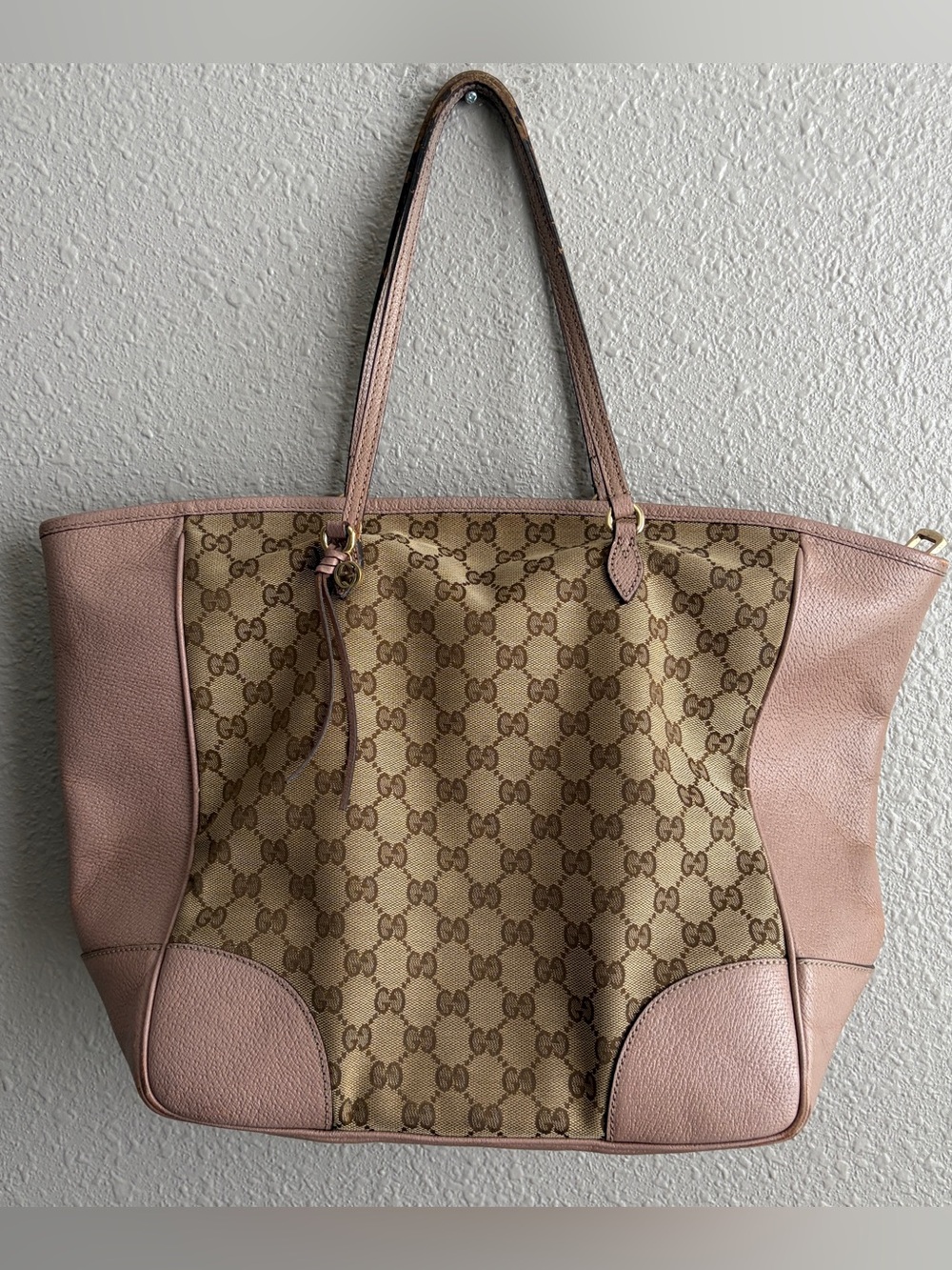 Gucci Bree Tote Bag Tan Brown GG Monogram Canvas Body Pink Leather Authentic